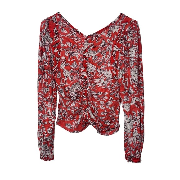 Free People Say the Word Top SMALL S Red Floral Peasant Sleeve Ruched Boho - Picture 4 of 10